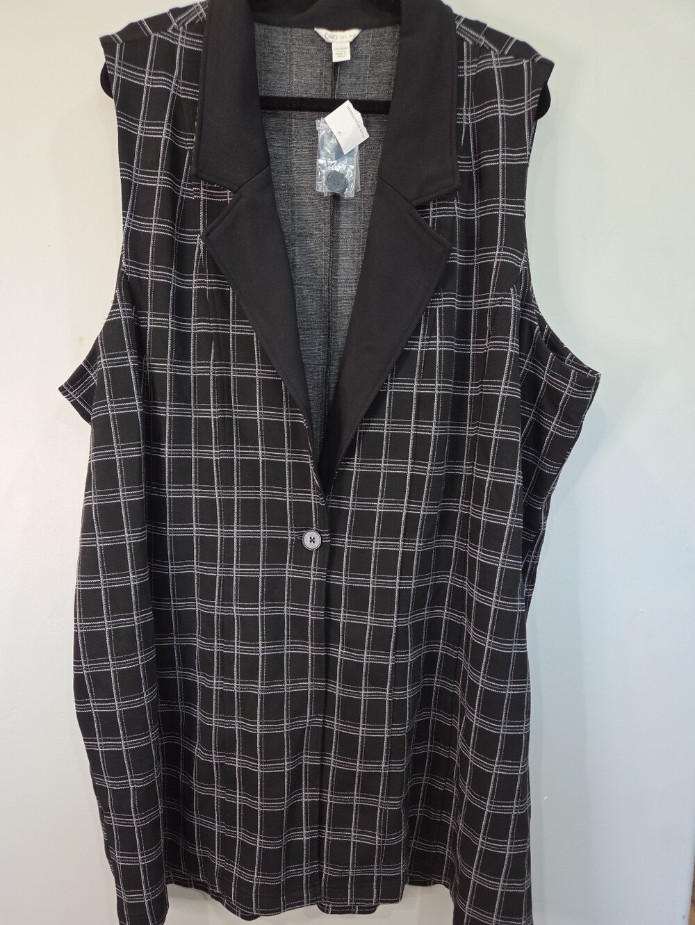 Cato Longline Tunic Blazer Vest Size 26/28W Black Grid One Button Office